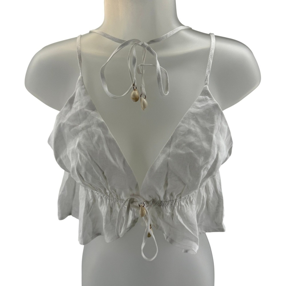 L*Space Sundown Top White 100% Linen Cowrie Shell Tie Front Large NEW MSRP 110